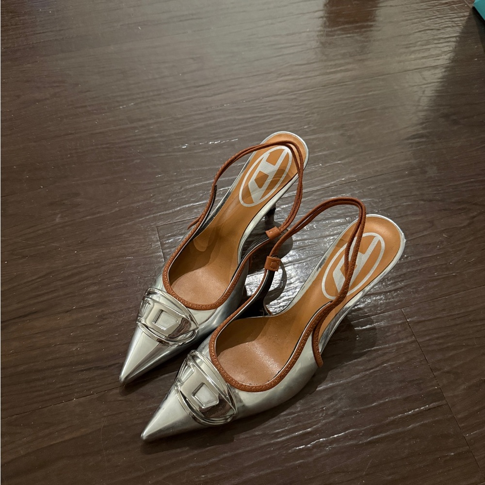 Diesel Silver Chrome Slingback Heels